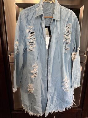 Hot & Delicious Light Wash Distressed Long Denim Jacket